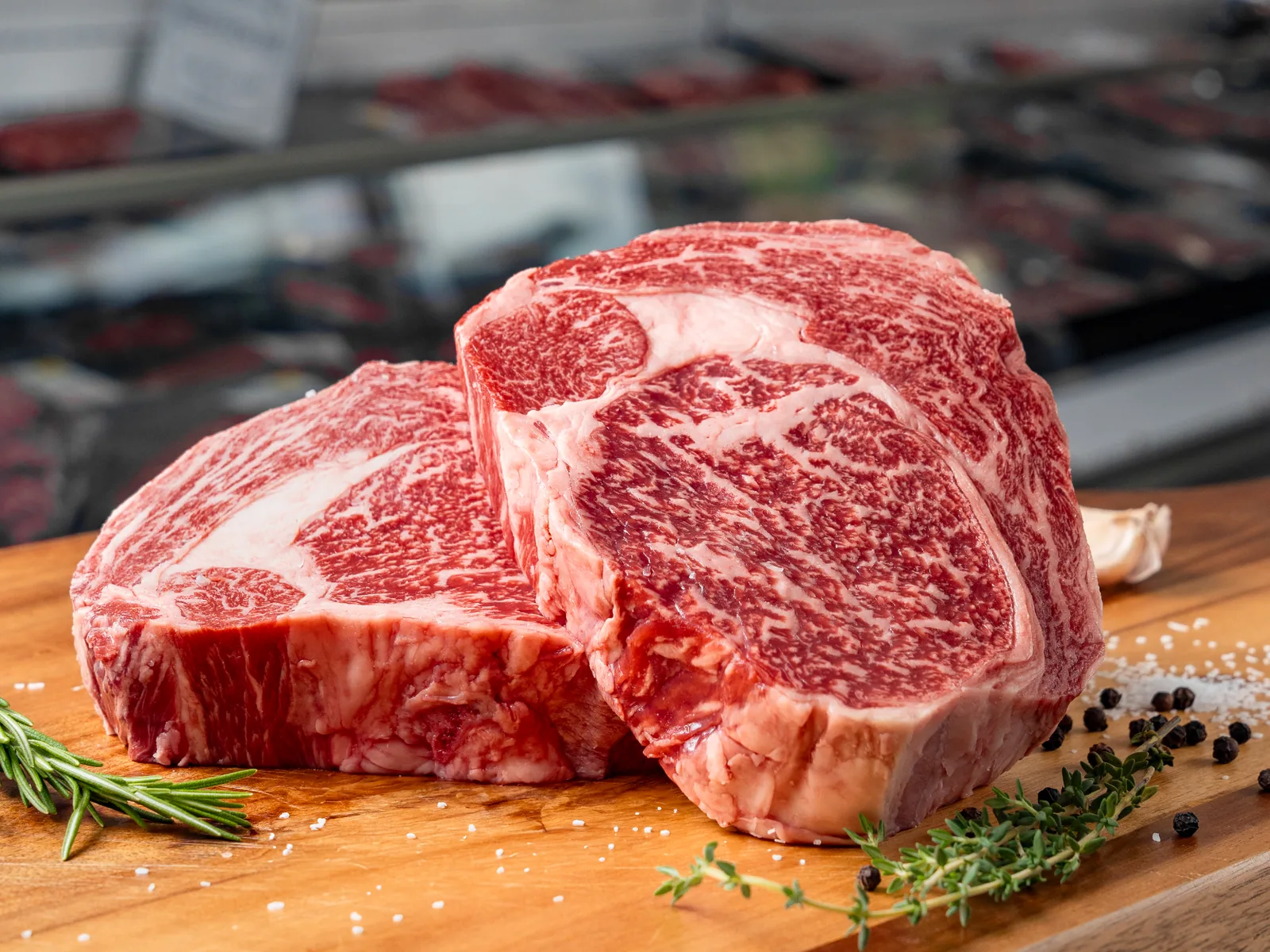 A seasoned ribeye on the board at The Butcher Shoppe