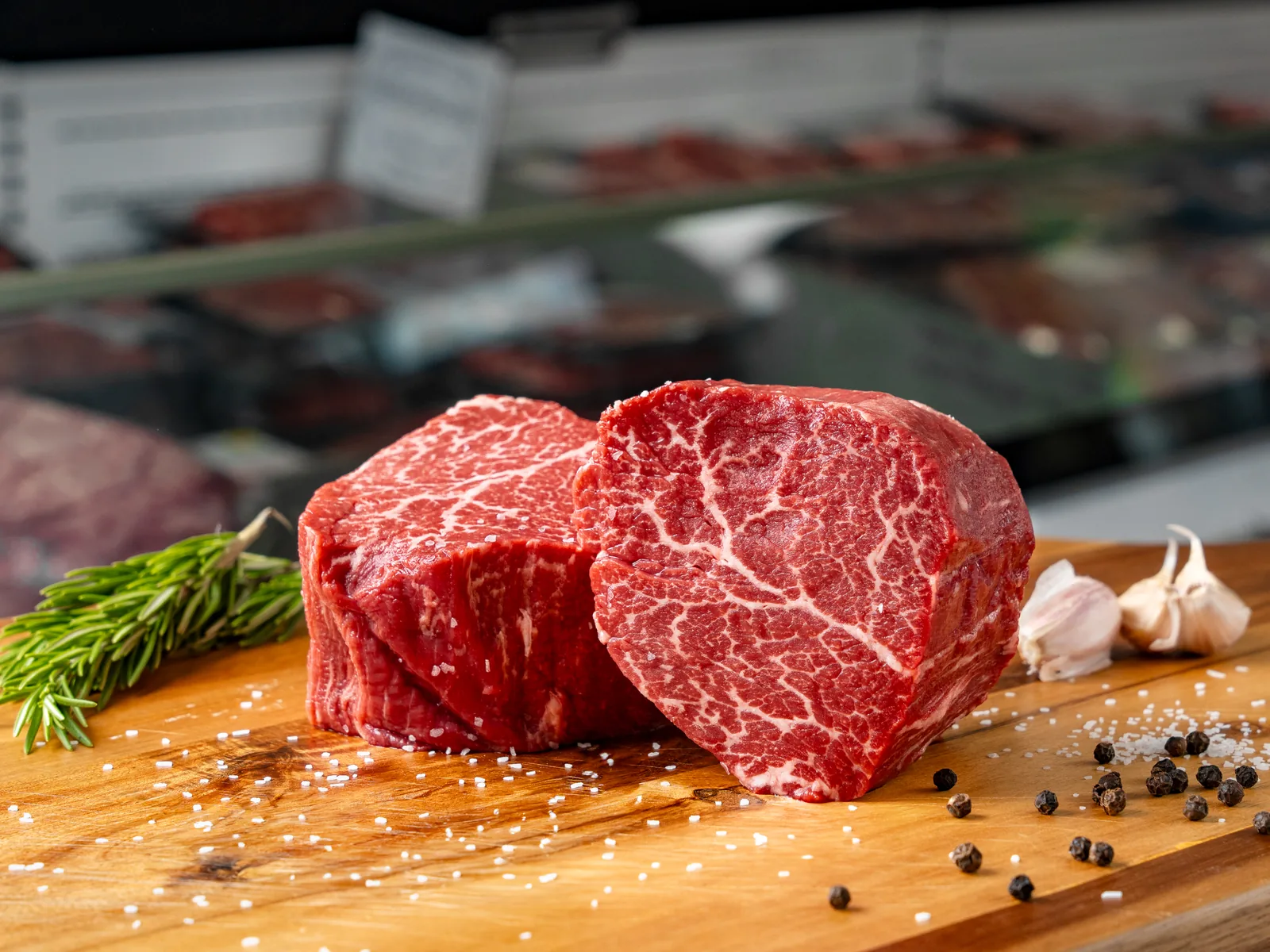 Premium steaks and filet cuts in the display case