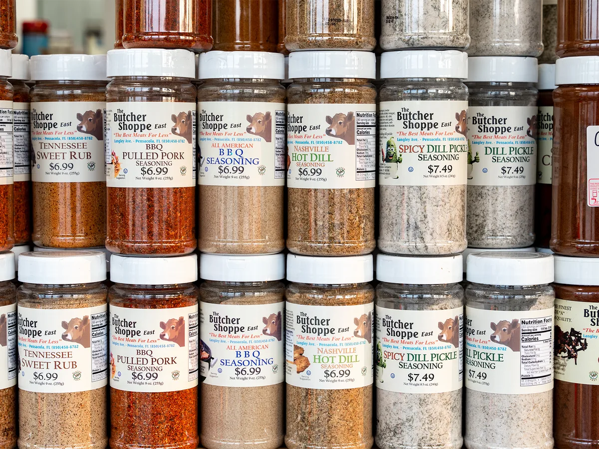 Shelves of house-made rubs and seasonings