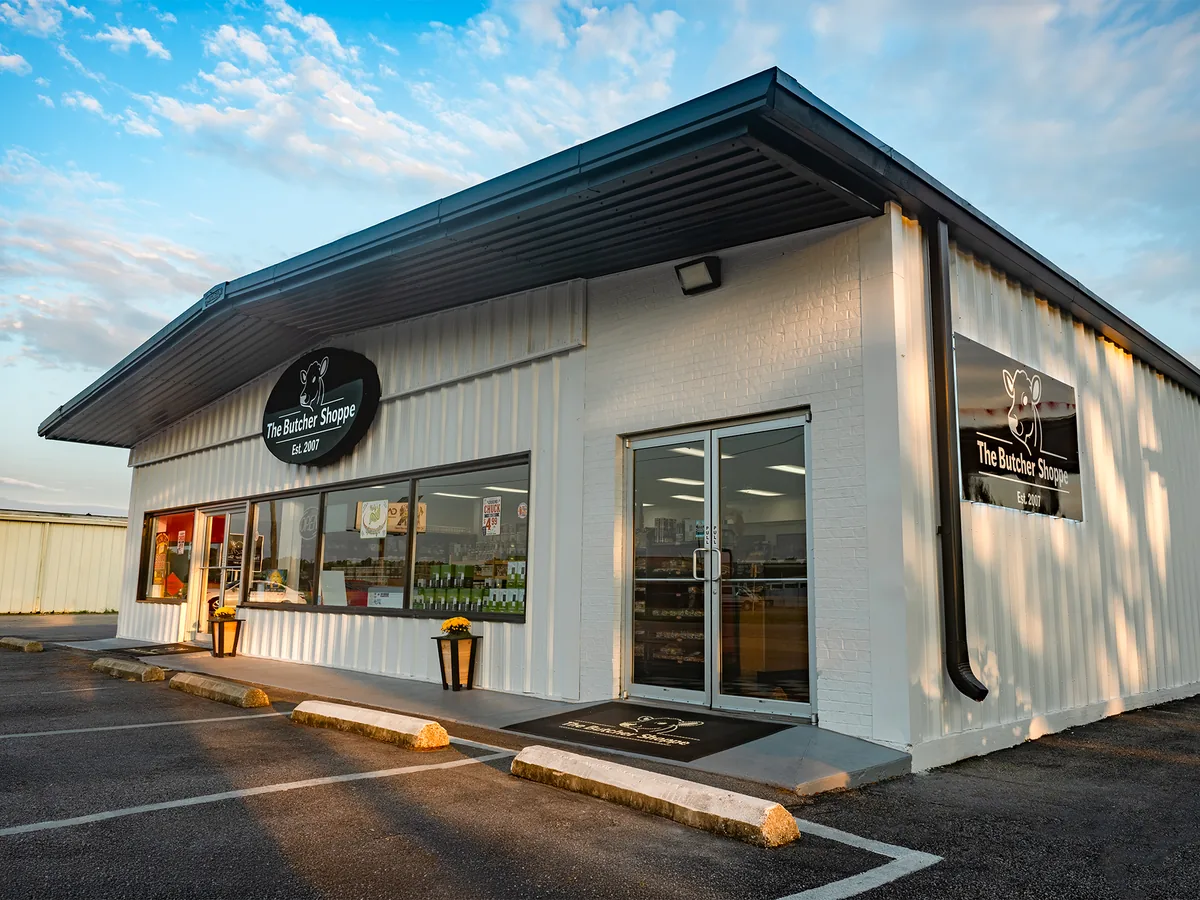 The Butcher Shoppe exterior in the evening