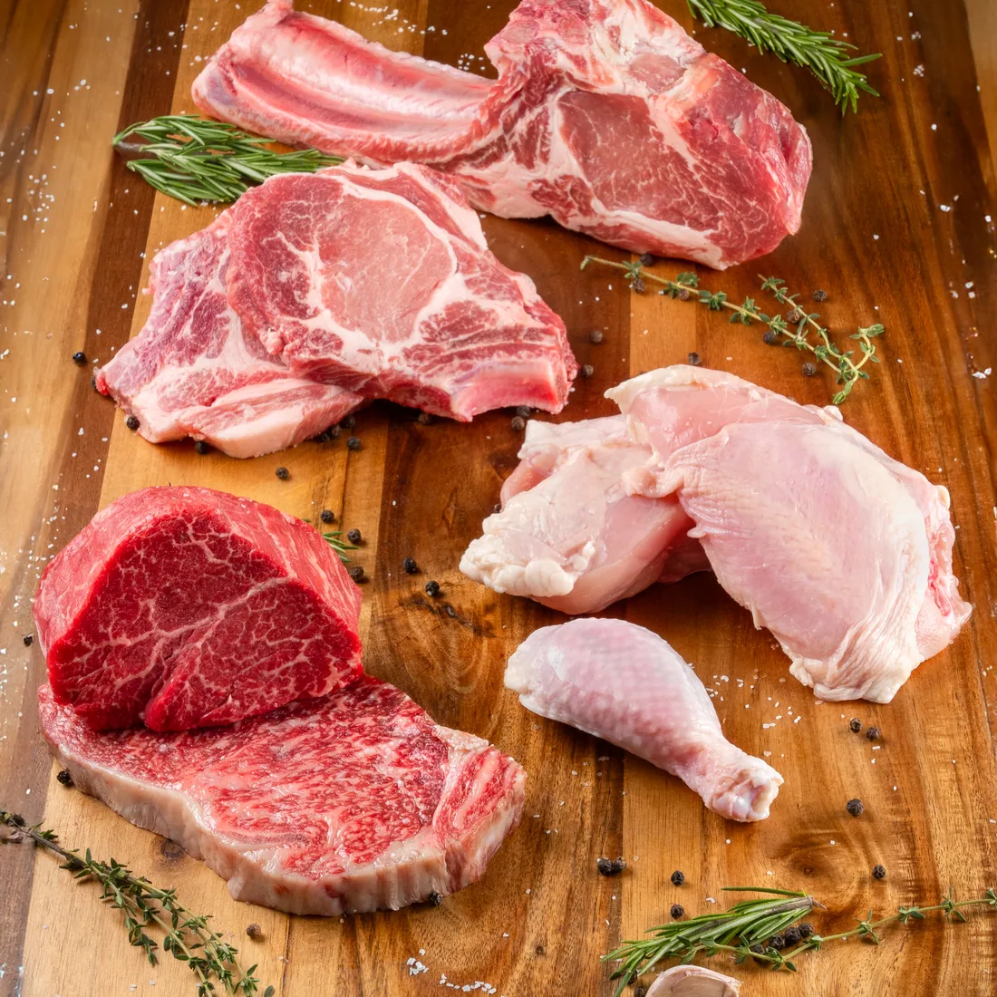 Pork ribs, chops, and chicken cuts