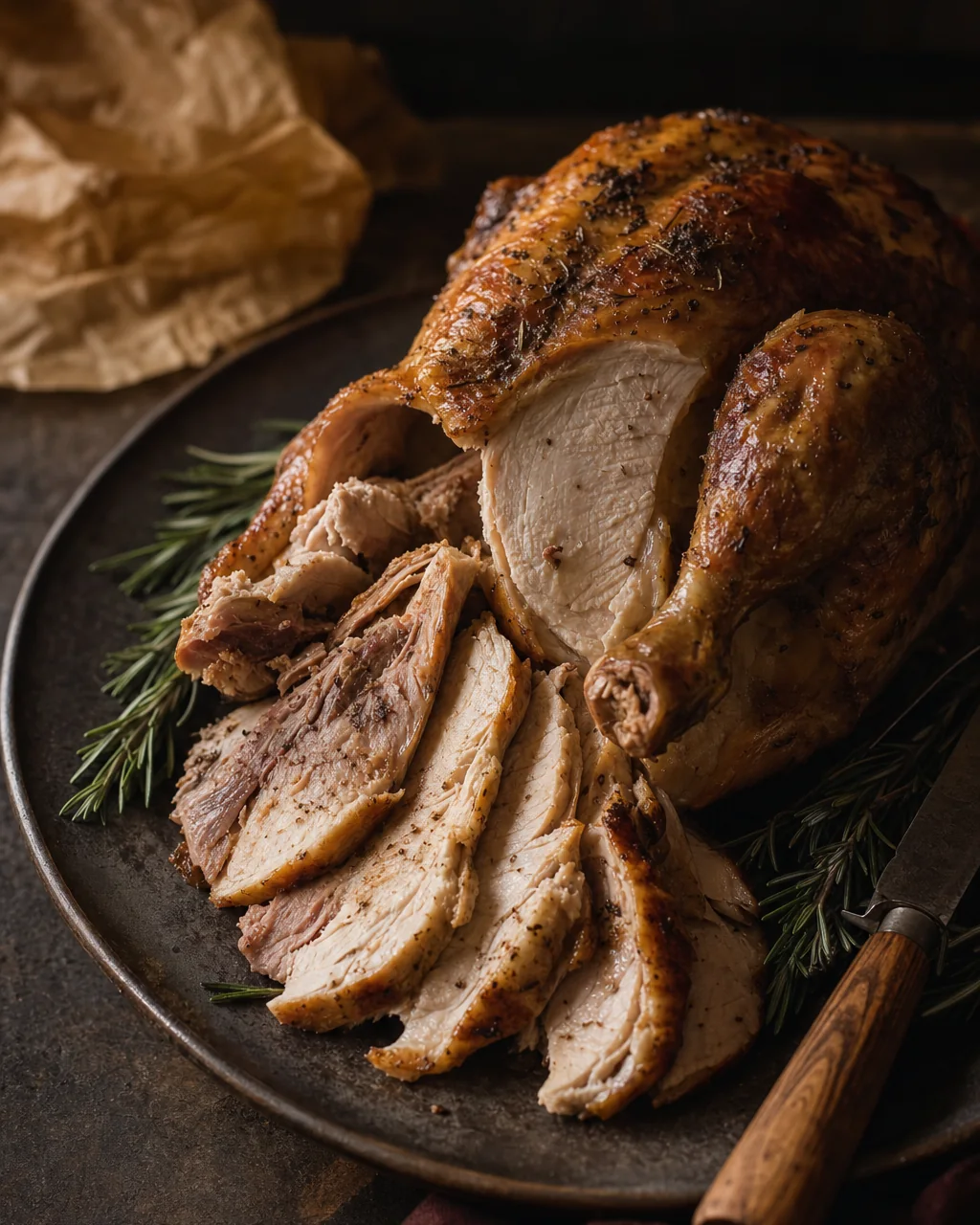 A roasted heritage turkey partly carved on a dark platter with rosemary and a carving knife