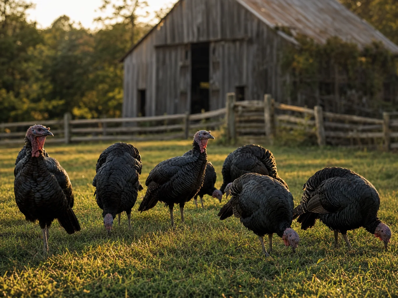 Heritage black turkeys foraging on pasture at golden hour in front of a weathered barn
